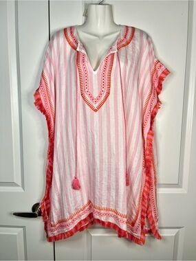 Spartina 449 Beach Cover Up Kaftan Tunic Stripe Print Linen Blend One Size